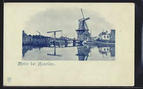 AK Haarlem, Blick zur Windmühle, Schiffe