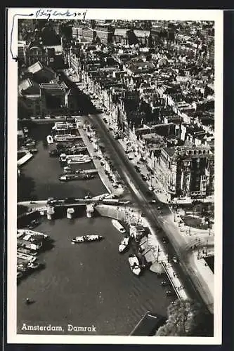 AK Amsterdam, Damrak, Hafen aus der Vogelschau