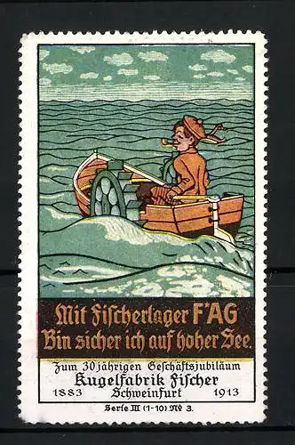 Reklamemarke Das Fischerlager FAG, Kugelfabrik Fischer Schweinfurt, Mann im Ruderboot