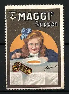 Reklamemarke Maggi's Suppen, Mädchen mit Suppenteller, Suppenwürfel liegen auf dem Tisch