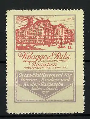 Reklamemarke München, Gross-Etablissement für Herren-, Knaben- und Kinder-Garderobe, Färbergraben 2 & 3, Gebäudeansicht