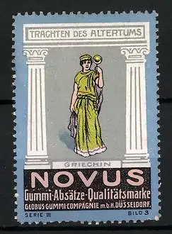 Reklamemarke Novus - Gummi-Absätze, Globus-Gummi-Compagnie, Düsseldorf, Serie: Trachten des Altertums, Griechin