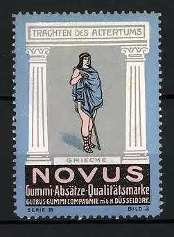 Reklamemarke Novus - Gummi-Absätze, Globus-Gummi-Compagnie, Düsseldorf, Serie: Trachten des Altertums, Grieche