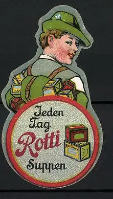 Reklamemarke Rotti Suppen, Wanderin mit gefülltem Rucksack