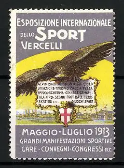 Reklamemarke Vercelli, Esposizione Internazionale dello Sport 1913, Adler sitzt auf einem Schild