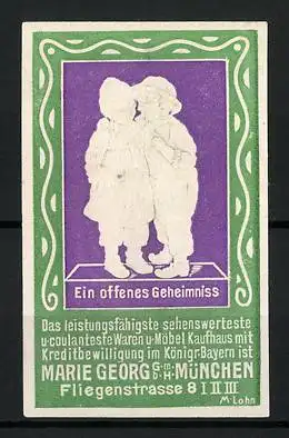 Präge-Reklamemarke München, Waren- und Möbelkaufhaus Marie Georg, Fliegenstr. 8, Kinderpaar