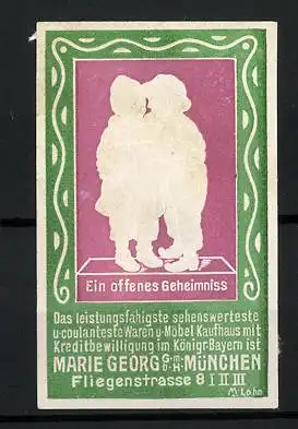 Präge-Reklamemarke München, Waren- und Möbelkaufhaus Marie Georg, Fliegenstr. 8, Kinderpaar