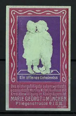 Präge-Reklamemarke München, Waren- und Möbelkaufhaus Marie Georg, Fliegenstr. 8, Kinderpaar
