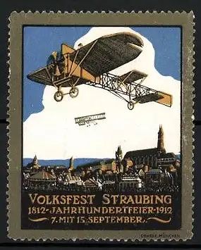 Reklamemarke Straubing, Volksfest & Jahrhundertfeier 1812-1912, Flugzeuge über der Stadt