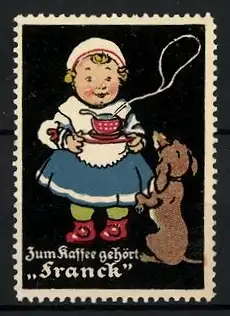 Reklamemarke Aecht Franck Kaffee, Mädchen mit Kaffeetasse und Dackel
