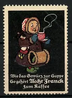Reklamemarke Aecht Franck Kaffeezusatz, Eskimomädchen mit Puppe und Kaffeetasse