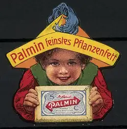 Reklamemarke Palmin - feinstes Pflanzenfett, Knabe mit Hut und Butterschachtel