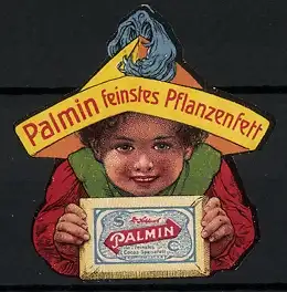 Reklamemarke Palmin - feinstes Pflanzenfett, Knabe mit Hut und Butterschachtel