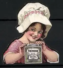 Reklamemarke Palmin - feinstes Pflanzenfett, Mädchen mit Kochmütze und Margarinewürfel