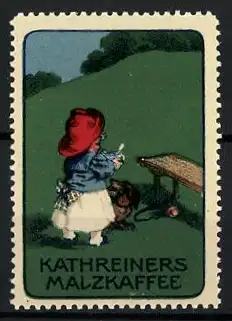 Reklamemarke Kathreiners Malzkaffee, Frau mit Dackel an einer Bank