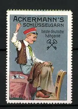 Reklamemarke Ackermann's Schlüsselgarn - beste deutsche Nähgarne, Student näht seine Jacke