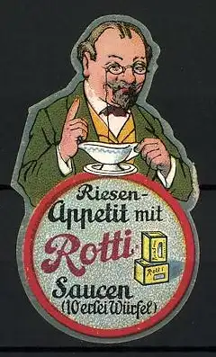 Reklamemarke Rotti Saucen, Mann mit Sauciere, Schachteln