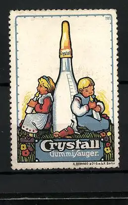 Reklamemarke Crystall Gummi-Sauger, Kinder lehnen an einer Milchflasche