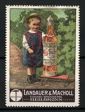 Reklamemarke Cognac-Brennerei Landauer & Macholl, Heilbronn, Kind mit Cognacflasche