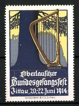 Künstler-Reklamemarke Schorisch, Zittau, Oberlausitzer Bundesgesangsfest 1914, Harve lehnt an einem Baum