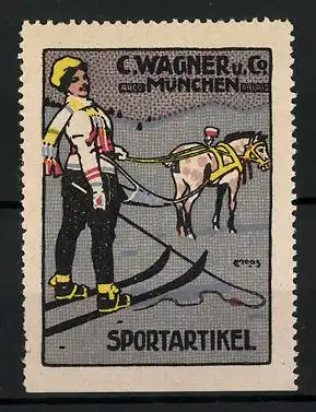 Künstler-Reklamemarke Moos, Sportartikel von C. Wagner, München, Skiläuferin lässt sich vom Pferd ziehen