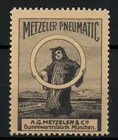 Reklamemarke Metzeler Pneumatic, Gummiwarenfabrik A.G. Metzeler & Co., München, Münchner Kindl mit Reifen