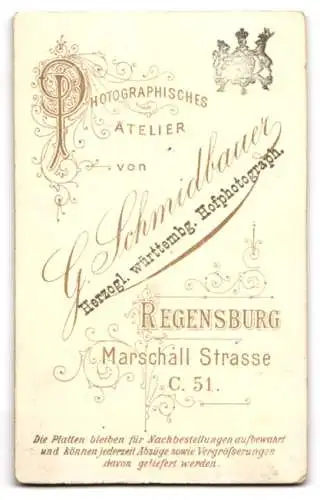Fotografie G. Schmidtbauer, Regensburg, Marschall Strasse C.52, Junges Mädchen m. Gretchenfrisur, Puffärmeln, Kreuzkette