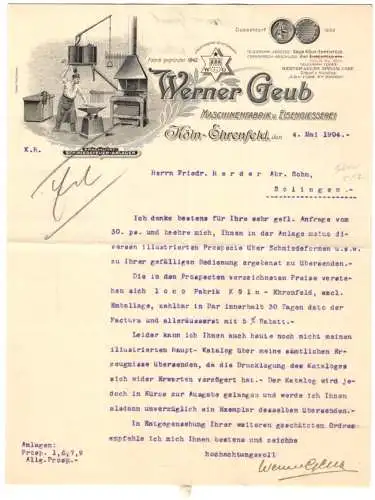 Rechnung Köln-Ehrenfeld 1904, Werner Geub, Maschinenfabrik und Eisengiesserei, Schmied bei der Arbeit