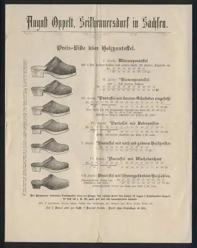 Rechnung Seifhennersdorf in Sachsen, August Oppelt, Schuhfabrik, Preis-Liste verschiedener Schuharten