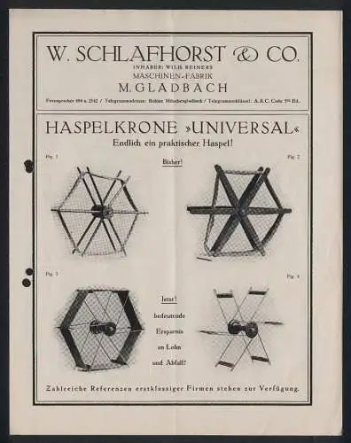 Werbeprospekt M. Gladbach, W. Schlafhorst & Co., Maschinen-Fabrik, Ansichten und Reklame für die Haspelkrone Universal