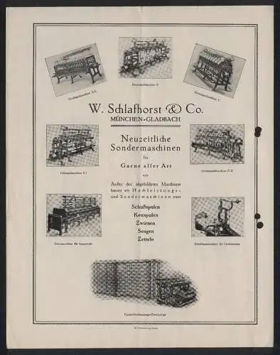 Werbeprospekt M. Gladbach, W. Schlafhorst & Co., Maschinen-Fabrik, Ansichten und Reklame für die Haspelkrone Universal