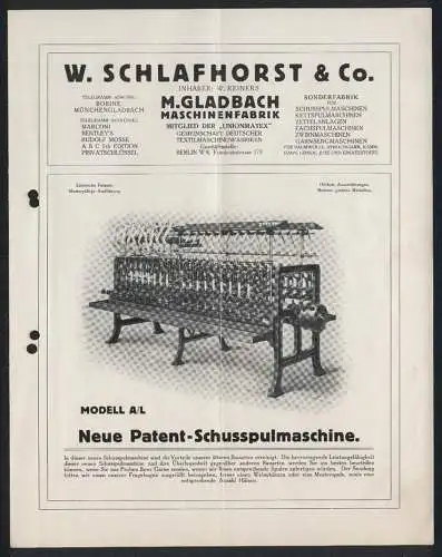 Werbeprospekt M. Gladbach, W. Schlafhorst & Co., Maschinen-Fabrik, Die neue Patent-Schusspulmaschine