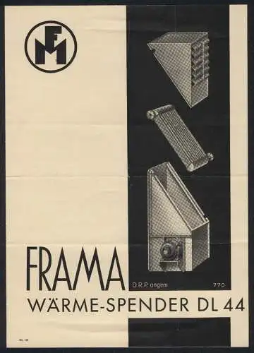 Werbeprospekt Pulsnitz i. Sa., F. Mattick, Maschinenfabrik und Eisengiesserei, Der Frama-Wärmespender DL 44