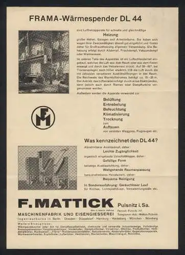 Werbeprospekt Pulsnitz i. Sa., F. Mattick, Maschinenfabrik und Eisengiesserei, Der Frama-Wärmespender DL 44