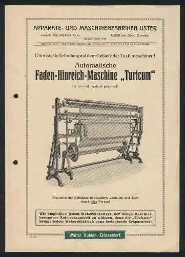 Werbeprospekt Uster bei Zürich, Apparate- und Maschinenfabriken, Die Faden-Hinreich-Maschine Turicum