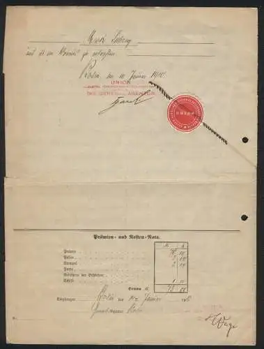 Rechnung Berlin 1910, Allgemeine Versicherungs- und Actien-Gesellschaft Union, Königgrätzerstrasse 97 /99, Firmenlogo