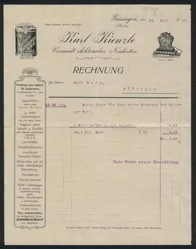Rechnung Geisingen 1907, Karl Kienzle, Versandt elektrischer Neuheiten, Kleine Taschenlampe, Standuhr