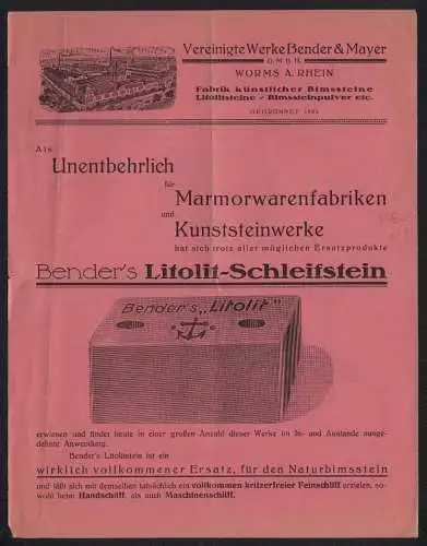 Werbeprospekt Worms a. Rhein, Vereinigte Werke Bender & Mayer, Fabrik künstlicher Bims- & Litolitsteine, Produktansicht
