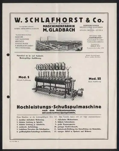 Werbeprospekt M. Gladbach, W. Schlafhorst & Co., Maschinenfabrik, Die Hochleistungs-Schussspulmaschine