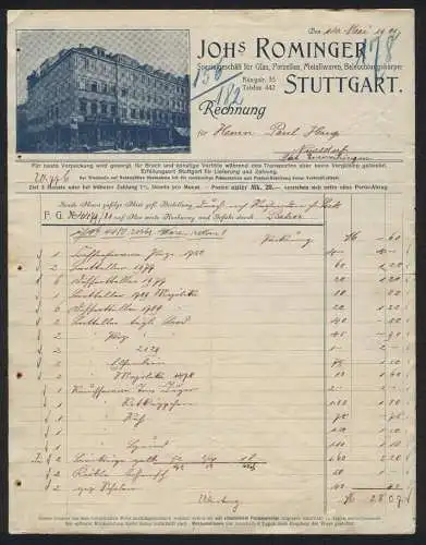Rechnung Stuttgart 1909, Johs. Rominger, Geschäft für Glas, Porzellan, Metallwaren und Lampen, Das Geschäftshaus
