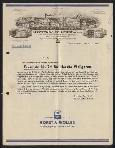 Werbeprospekt Horst in Holstein 1936, H. Ottens & Co., Textilfabrikation, Abt. Wollgarne, Betriebsansicht, Horstia-Marke