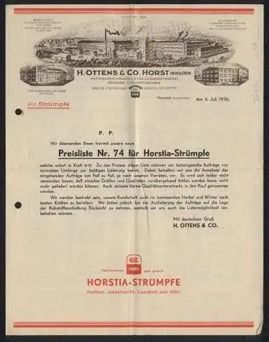 Werbeprospekt Horst in Holstein 1936, H. Ottens & Co., Textilfabrikation, Abt. Strümpfe, Betriebsansicht, Horstia-Marke