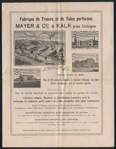 Werbeprospekt Köln-Kalk, Mayer & Co., Fabrique de Trieurs et de Toles perforées, Betriebs- und Produkt-Ansichten