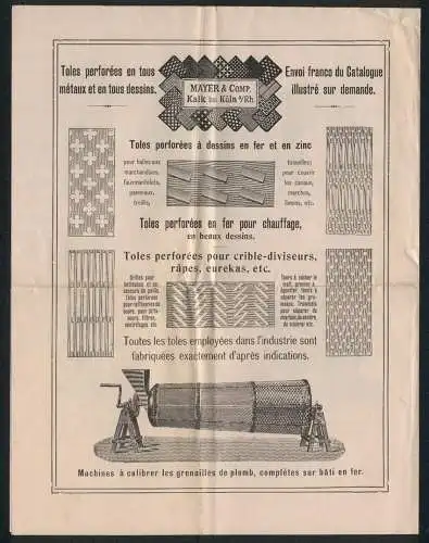 Werbeprospekt Köln-Kalk, Mayer & Co., Fabrique de Trieurs et de Toles perforées, Betriebs- und Produkt-Ansichten