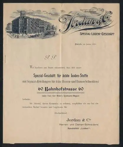 Briefkopf Zürich, Jordan & Co., Spezial-Loden-Geschäft, Geschäftshaus Bahnhofstrasse / Rennwegplatz