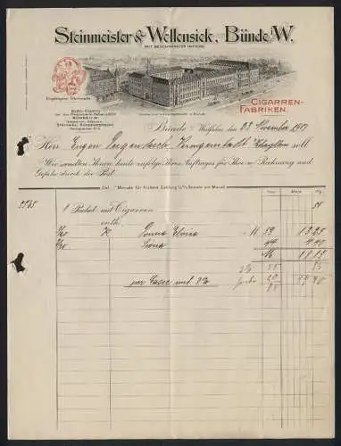 Rechnung Bünde i Westfalen 1907, Steinmeister & Wellensiek, Cigarren-Fabriken, Das Contor- und Versandgebäude
