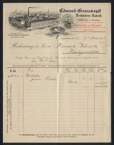 Rechnung Osnabrück 1908, Edmund Grosskopff, Bettfedern-Fabrik, Fabrikanlage in der Stadt, Segelschiff, Schwan