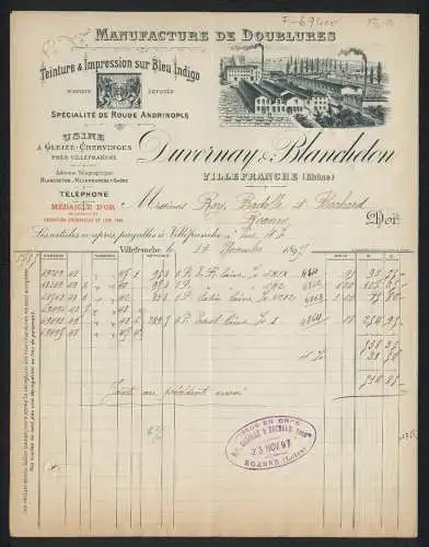 Rechnung Villefranche 1897, Duvernay & Blancheton, Manufacture de Doublures, Das Fabrikgelände und eine Fabrikmarke