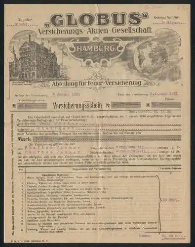 Rechnung Hamburg 1921, Globus Versicherungs-AG, Das Geschäftshaus Globushof, Weltkugel