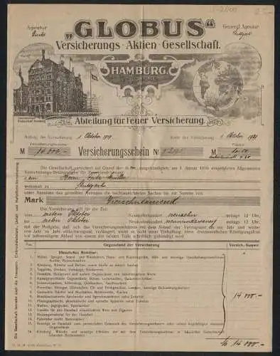 Rechnung Hamburg 1919, Globus Versicherungs-AG, Das Geschäftshaus Globushof, Weltkugel
